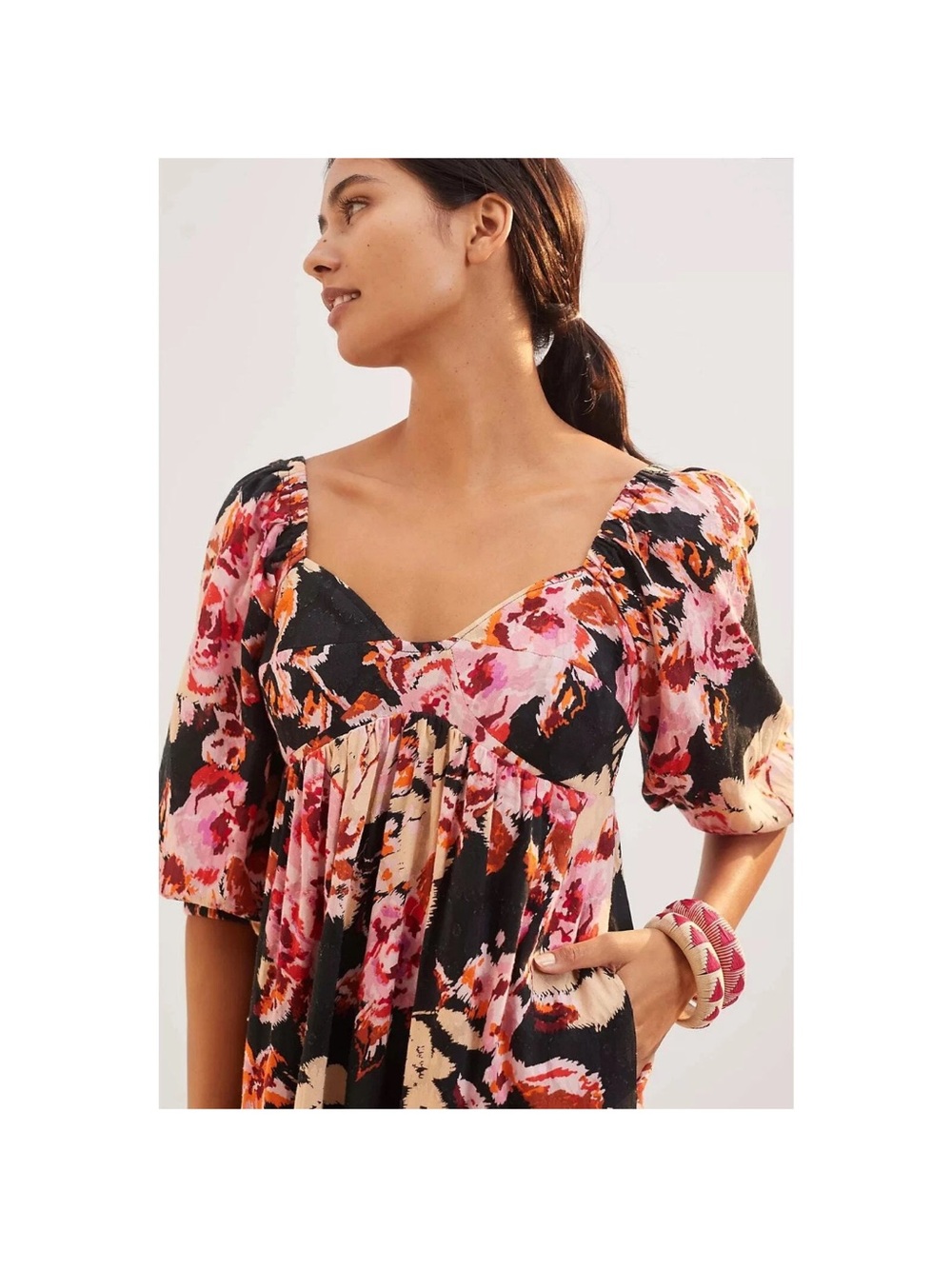 Anthropologie Somerset Floral Puff Sleeve Maxi Dress Black Pink Medium NWT - Picture 5 of 15